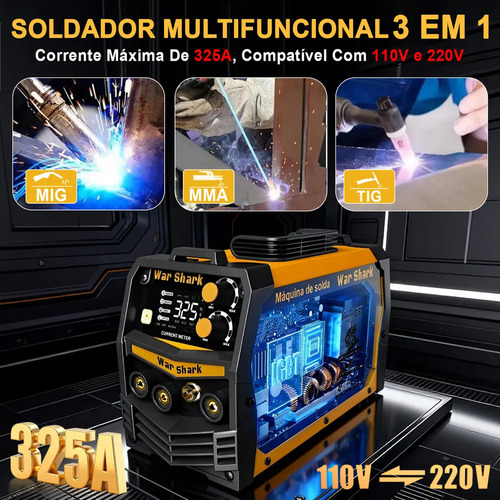 Máquina De Solda Inversora 325a 3 Em 1 Mig Tig Mma Bivolt 110v/220v War Shark Solda Eletrica Amarelo