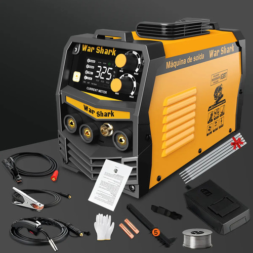 Máquina De Solda Inversora 325a 3 Em 1 Mig Tig Mma Bivolt 110v/220v War Shark Solda Eletrica Amarelo