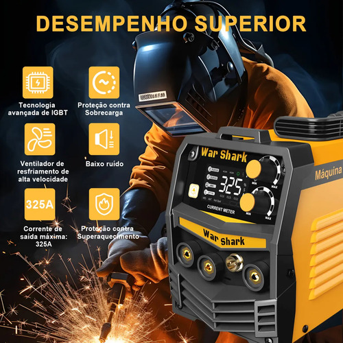 Máquina De Solda Inversora 325a 3 Em 1 Mig Tig Mma Bivolt 110v/220v War Shark Solda Eletrica Amarelo