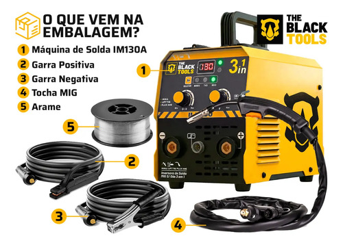 Máquina De Solda Inversora Mig 130a Sem Gás 3 Em 1 Tig Lift Mma Eletrodo Com Acessórios ILM130 Prime Mig The Black Tools