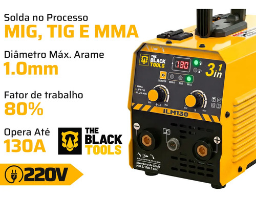 Máquina De Solda Inversora Mig 130a Sem Gás 3 Em 1 Tig Lift Mma Eletrodo Com Acessórios ILM130 Prime Mig The Black Tools