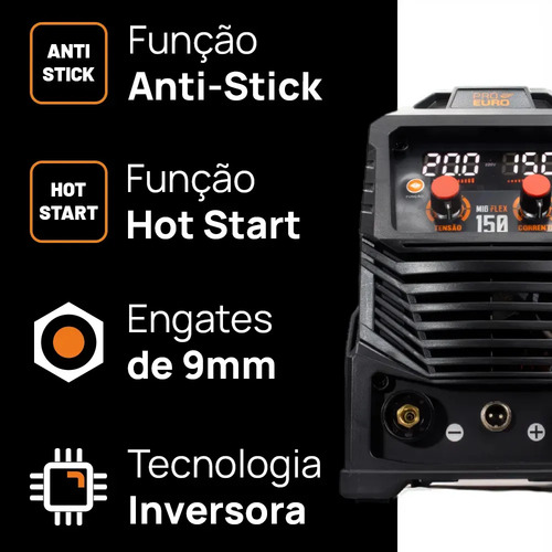 Máquina de Solda Multiprocesso MIG Flex 150a Pró Euro Bivolt MIG sem gás MMA TIG