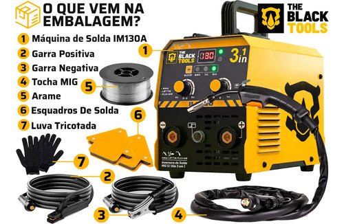 Máquina Inversora De Solda 3 Em 1 Sem Gás 130a Mma Tig Mig Com Máscara Esquadros E Acessórios The Black Tools
