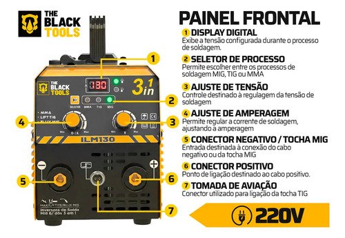 Máquina Inversora De Solda 3 Em 1 Sem Gás 130a Mma Tig Mig Com Máscara Esquadros E Acessórios The Black Tools