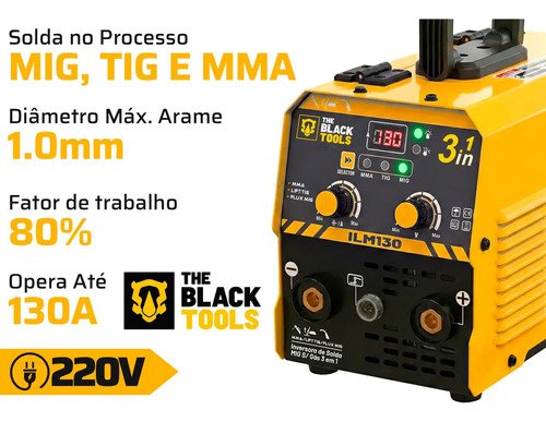 Máquina Inversora De Solda 3 Em 1 Sem Gás 130a Mma Tig Mig Com Máscara Esquadros E Acessórios The Black Tools