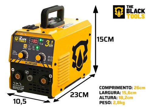 Máquina Inversora De Solda 3 Em 1 Sem Gás 130a Mma Tig Mig Com Máscara Esquadros E Acessórios The Black Tools