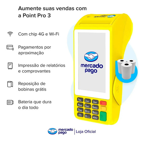 Maquininha De Cartão Pro 3 Mercado Pago Point Amarela Claro 4g/Wifi/Nfc