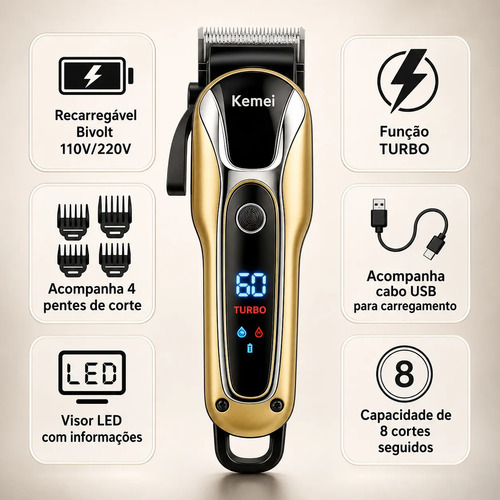 Maquininha Maquina Cabelo Barba Profissional Turbo Sem Fio