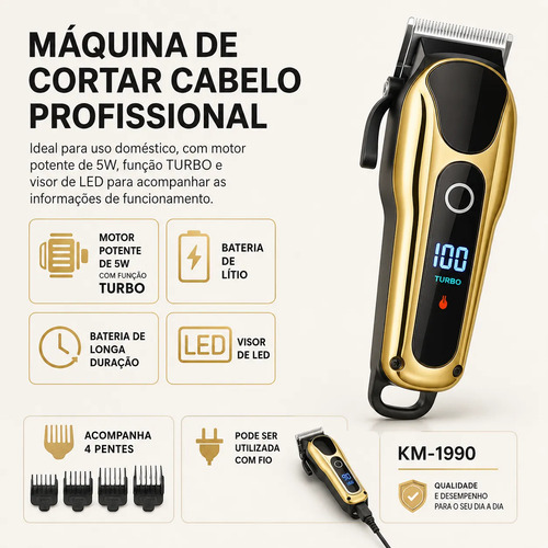 Maquininha Maquina Cabelo Barba Profissional Turbo Sem Fio