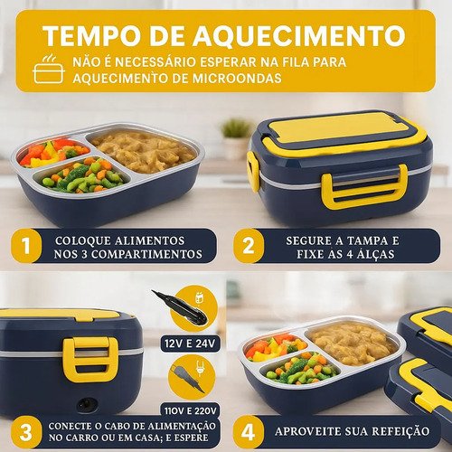Marmita Elétrica Térmica Portátil 1,5l Bivolt 110/220v Veicular 12/24v Aquecedora De Alimentos Lunch Box Com Divisórias Colher Cabo Carro Caminhão Refeição Quente Rápida Prática Viagem Azul/Amarelo