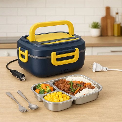 Marmita Elétrica Térmica Portátil 1,5l Bivolt 110/220v Veicular 12/24v Aquecedora De Alimentos Lunch Box Com Divisórias Colher Cabo Carro Caminhão Refeição Quente Rápida Prática Viagem Azul/Amarelo