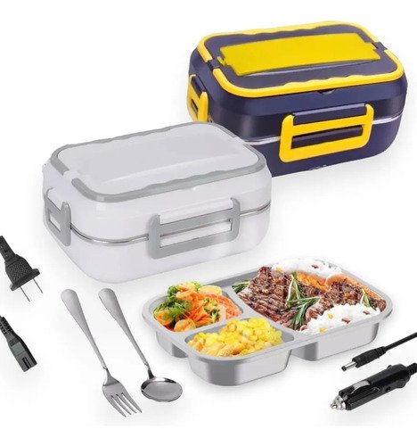 Marmita Elétrica Térmica Portátil 1,5l Bivolt 110/220v Veicular 12/24v Aquecedora De Alimentos Lunch Box Com Divisórias Colher Cabo Carro Caminhão Refeição Quente Rápida Prática Viagem Azul/Amarelo