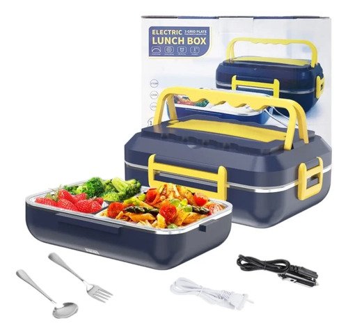 Marmita Elétrica Térmica Portátil 1,5l Bivolt 110/220v Veicular 12/24v Aquecedora De Alimentos Lunch Box Com Divisórias Colher Cabo Carro Caminhão Refeição Quente Rápida Prática Viagem Azul/Amarelo
