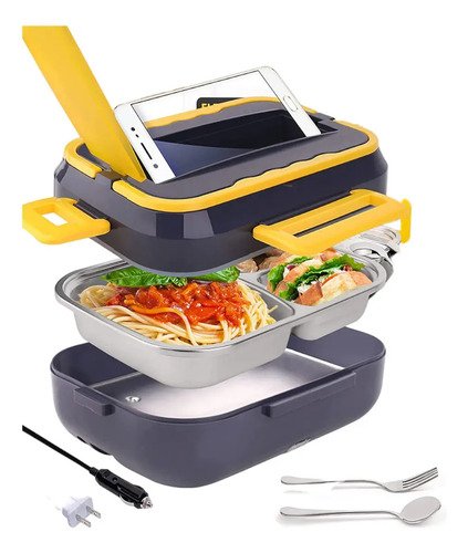 Marmita Elétrica Térmica Portátil 1,5l Bivolt 110/220v Veicular 12/24v Aquecedora De Alimentos Lunch Box Com Divisórias Colher Cabo Carro Caminhão Refeição Quente Rápida Prática Viagem Azul/Amarelo