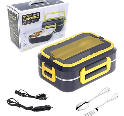 Marmita Elétrica Térmica Portátil 1,5l Bivolt 110/220v Veicular 12/24v Aquecedora De Alimentos Lunch Box Com Divisórias Colher Cabo Carro Caminhão Refeição Quente Rápida Prática Viagem Azul/Amarelo