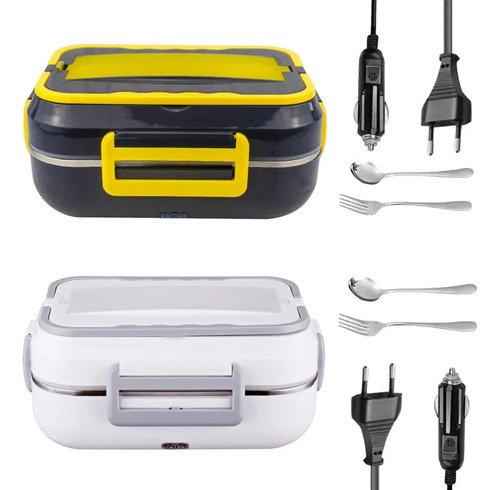 Marmita Elétrica Térmica Portátil 1,5l Bivolt 110/220v Veicular 12/24v Aquecedora De Alimentos Lunch Box Com Divisórias Colher Cabo Carro Caminhão Refeição Quente Rápida Prática Viagem Azul/Amarelo
