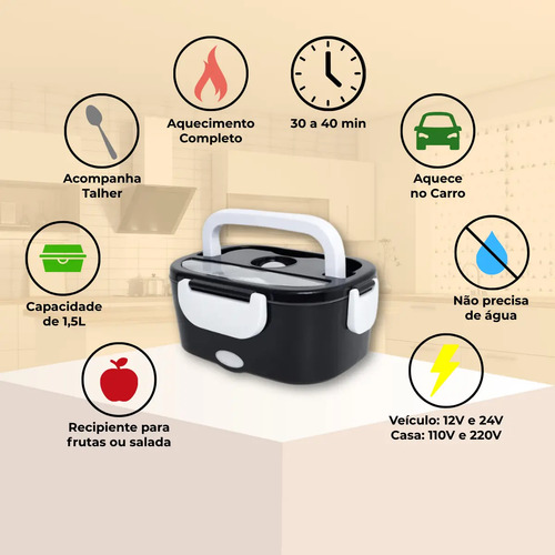 Marmita Elétrica Térmica Preta Bivolt 110v/220v E Veicular 12v/24v + Bolsa Térmica Lancheira Doméstica Trabalho 1.5l Carro/casa Portátil Aquecedor De Alimentos Uber Carro Caminhão