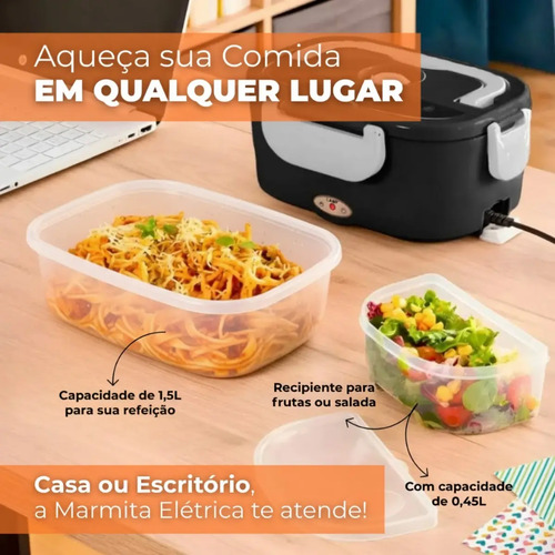 Marmita Elétrica Térmica Preta Bivolt 110v/220v E Veicular 12v/24v + Bolsa Térmica Lancheira Doméstica Trabalho 1.5l Carro/casa Portátil Aquecedor De Alimentos Uber Carro Caminhão