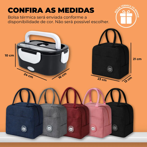 Marmita Elétrica Térmica Preta Bivolt 110v/220v E Veicular 12v/24v + Bolsa Térmica Lancheira Doméstica Trabalho 1.5l Carro/casa Portátil Aquecedor De Alimentos Uber Carro Caminhão