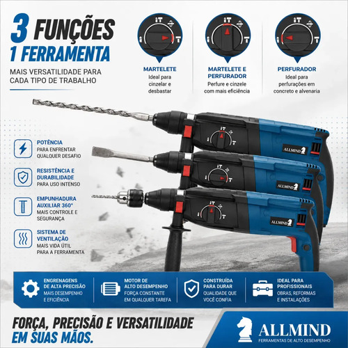 Martelete Furadeira Allmind 1200w Kamaré Sds Plus Impacto 5kg Perfurador Rompedor Furadeira De Impacto Azul 220v