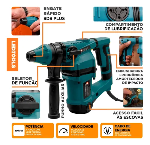 Martelete Furadeira Impacto 1600w 5,5j Rotativo Rompedor