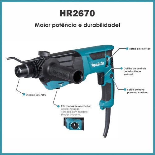 Martelete Perfurador E Rompedor Sds-plus Makita Hr2670 800w + Acessórios E Brocas Vídea