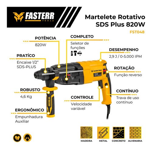 Martelete Perfurador Rompedor 820w Fasterr com KIT Acessórios Cor Preto/amarelo Frequência 50hz/60hz