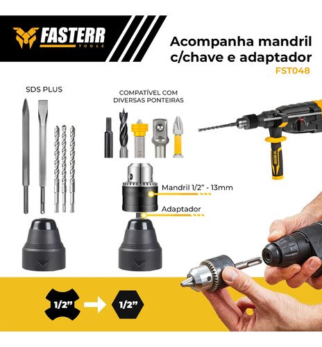 Martelete Perfurador Rompedor 820w Fasterr com KIT Acessórios Cor Preto/amarelo Frequência 50hz/60hz