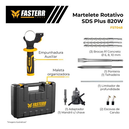 Martelete Perfurador Rompedor 820w Fasterr com KIT Acessórios Cor Preto/amarelo Frequência 50hz/60hz