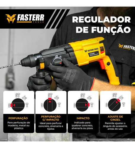 Martelete Perfurador Rompedor 820w Fasterr com KIT Acessórios Cor Preto/amarelo Frequência 50hz/60hz