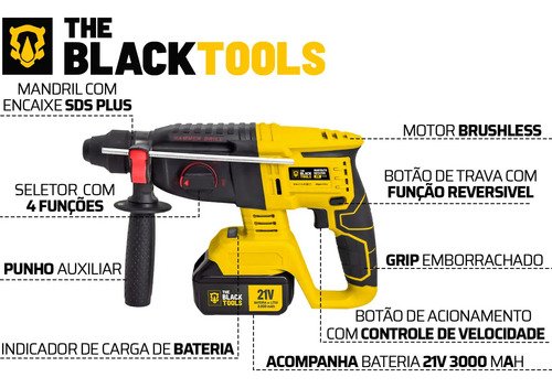 Martelete Rompedor Rotativo De Impacto A Bateria 21V 1400 Rpm 4800 Ipm Cor Amarelo The Black Tools
