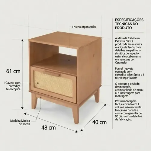 Mesa Cabeceira Criado Palhinha 1 Gaveta Nicho Madeira Maciça