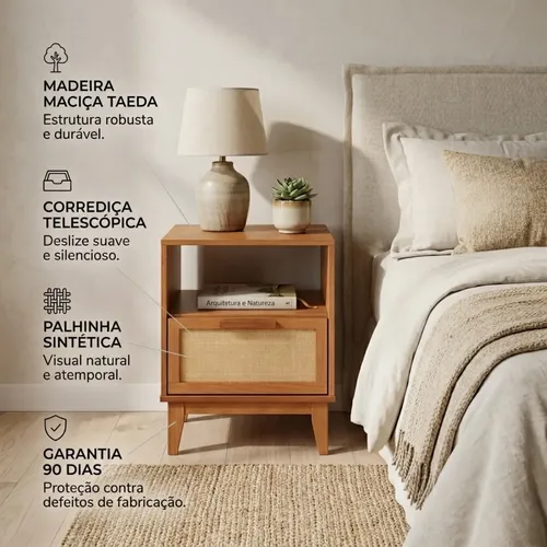 Mesa Cabeceira Criado Palhinha 1 Gaveta Nicho Madeira Maciça