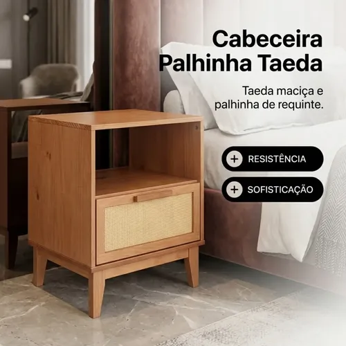 Mesa Cabeceira Criado Palhinha 1 Gaveta Nicho Madeira Maciça
