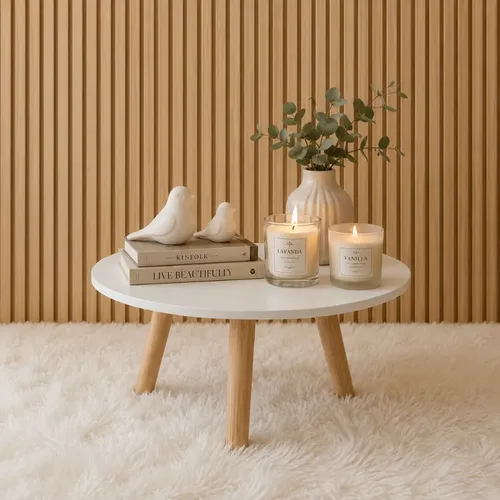 Mesa de centro redonda compacta branca mdf pes de pinus