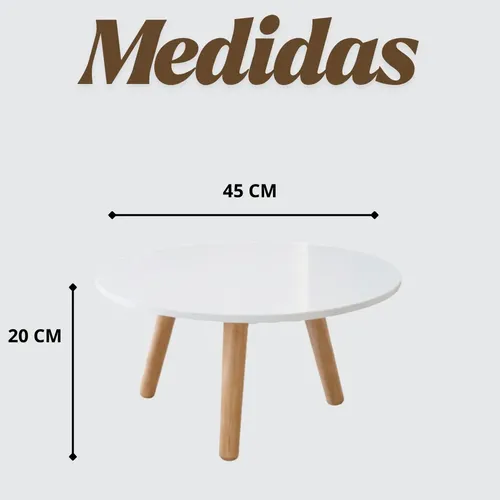 Mesa De Centro Redonda Compacta Branca Mdf Pés De Pinus