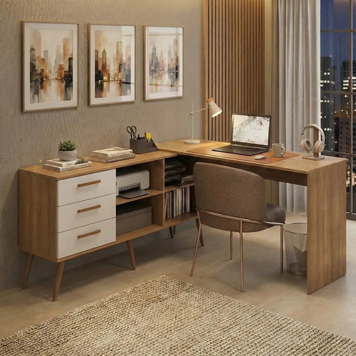 Mesa de escritorio em l com 3 gavetas porto multimoveis mp60