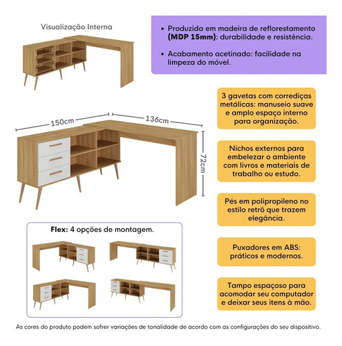 Mesa de Escritório em L com 3 Gavetas Porto Multimóveis MP6044 Madeirado/Branco