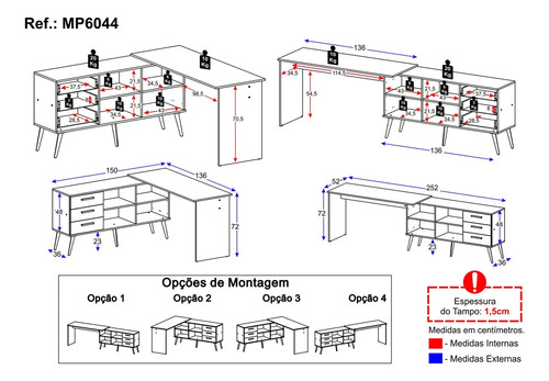 Mesa de Escritório em L com 3 Gavetas Porto Multimóveis MP6044 Madeirado/Branco