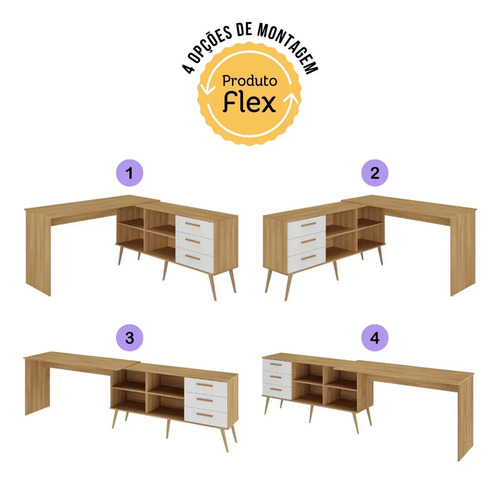 Mesa de Escritório em L com 3 Gavetas Porto Multimóveis MP6044 Madeirado/Branco