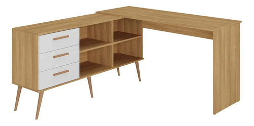 Mesa de Escritório em L com 3 Gavetas Porto Multimóveis MP6044 Madeirado/Branco