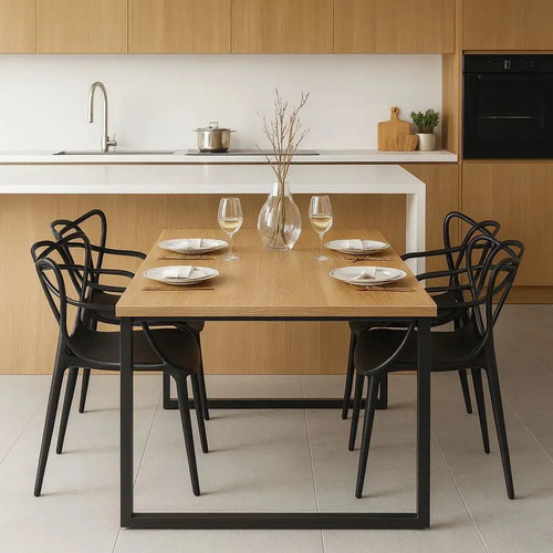 Mesa de jantar 120x80 com pe de ferro e quatro cadeiras