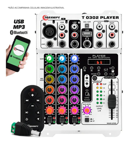 Mesa de som 3 canais player multicolor t0302 mixer taramps t