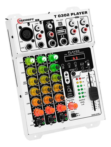 Mesa de Som 3 Canais Player Multicolor T0302 Mixer Taramps T 0302 Equalizador Mp3 Usb Fm Bluetooth 72 Efeitos Rgb Led