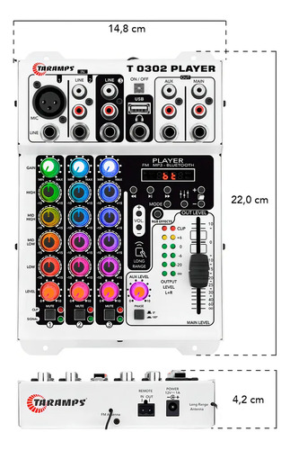 Mesa de Som 3 Canais Player Multicolor T0302 Mixer Taramps T 0302 Equalizador Mp3 Usb Fm Bluetooth 72 Efeitos Rgb Led