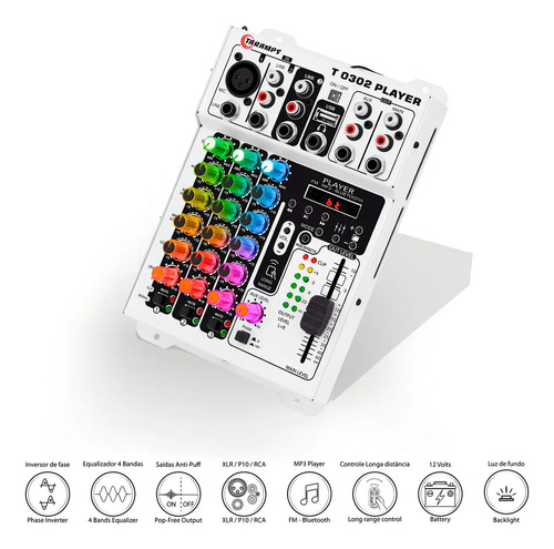 Mesa de Som 3 Canais Player Multicolor T0302 Mixer Taramps T 0302 Equalizador Mp3 Usb Fm Bluetooth 72 Efeitos Rgb Led