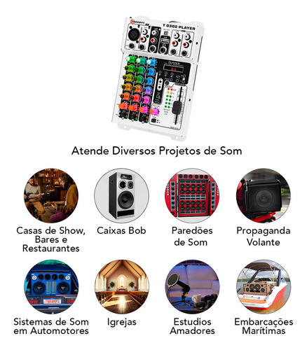 Mesa de Som 3 Canais Player Multicolor T0302 Mixer Taramps T 0302 Equalizador Mp3 Usb Fm Bluetooth 72 Efeitos Rgb Led