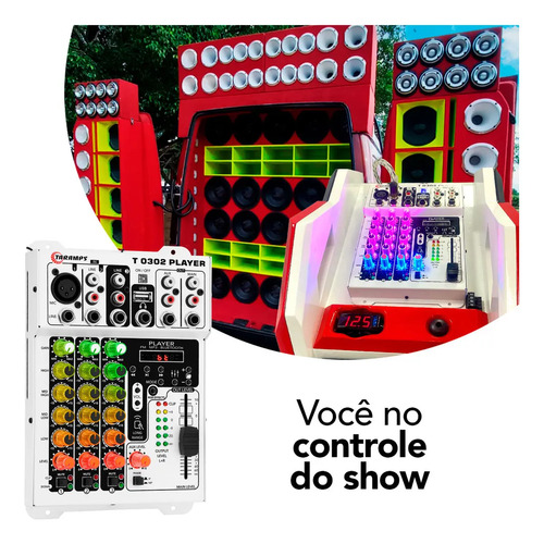 Mesa de Som 3 Canais Player Multicolor T0302 Mixer Taramps T 0302 Equalizador Mp3 Usb Fm Bluetooth 72 Efeitos Rgb Led