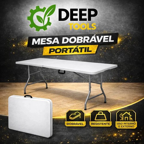 Mesa Dobrável Portátil 1,80m Vira Maleta Com Alça Camping Praia Festas Jardim Eventos Deep Tools + Book