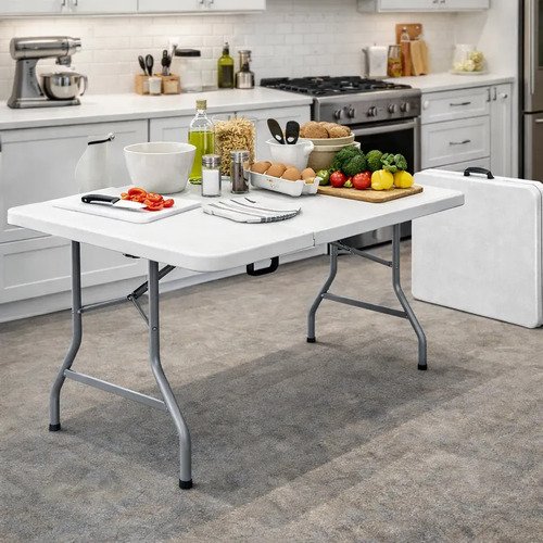 Mesa Dobrável Portátil 1,80m Vira Maleta Com Alça Camping Praia Festas Jardim Eventos Deep Tools + Book